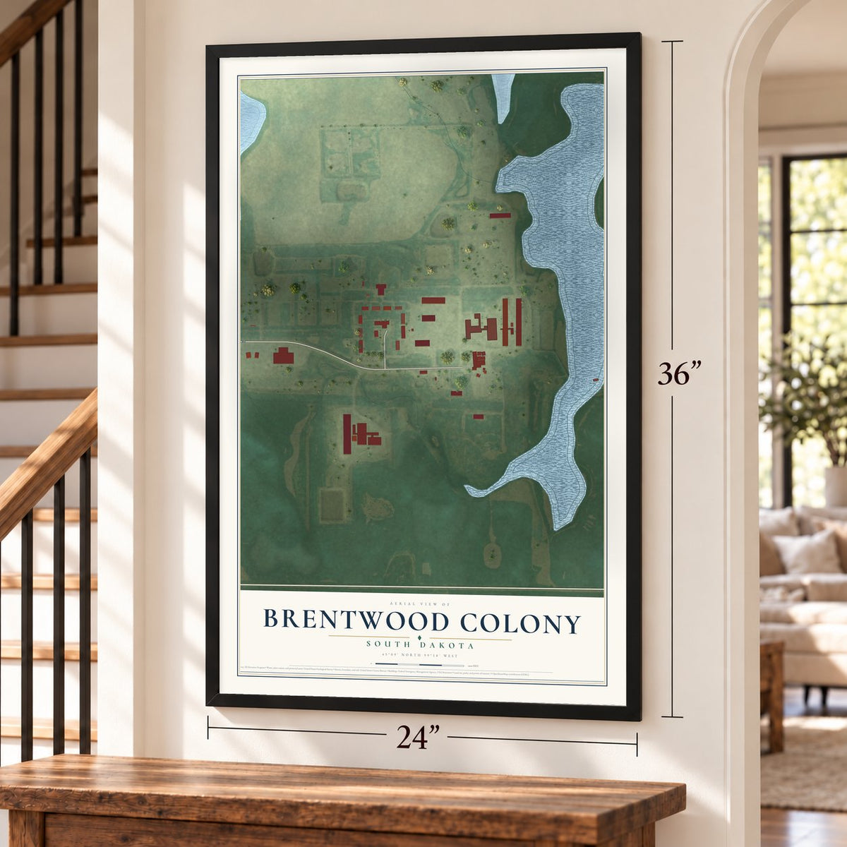 Brentwood Colony, South Dakota map, 24 x 36 inch print in a black frame by a staircase