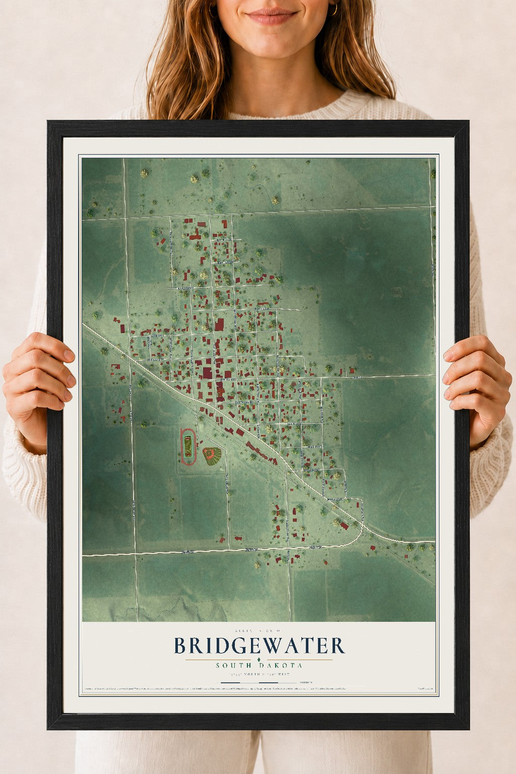 Map of Bridgewater, South Dakota, 18 x 24 inch print in a black wood frame
