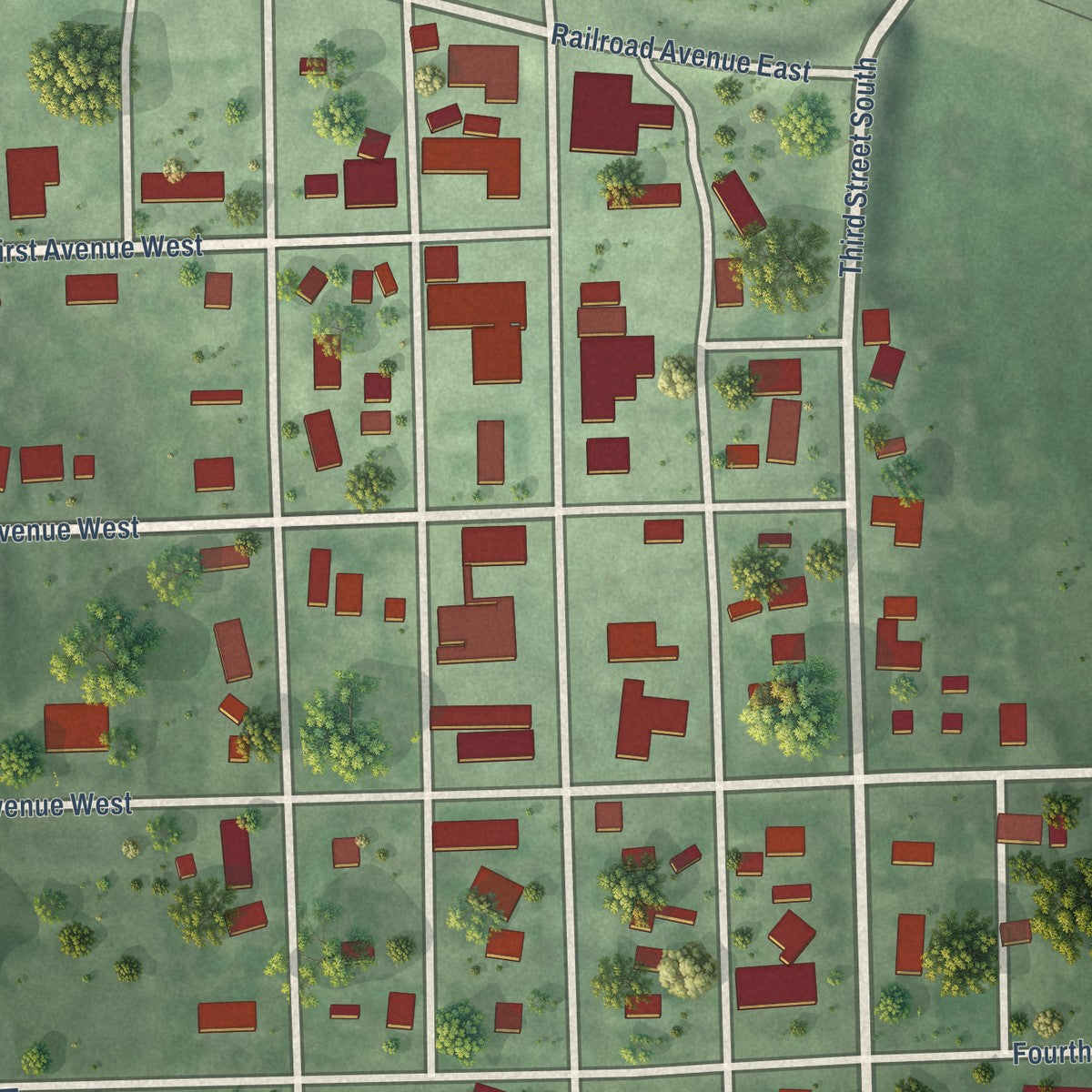 Close-up of the map of Bristol, South Dakota print showing street and building detail