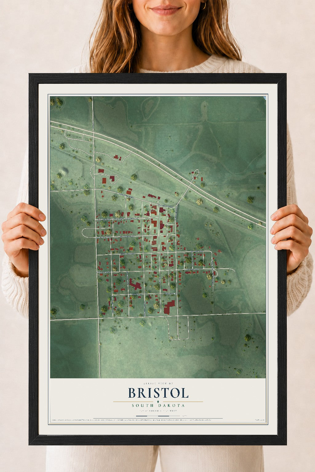 Map of Bristol, South Dakota, 18 x 24 inch print in a black wood frame