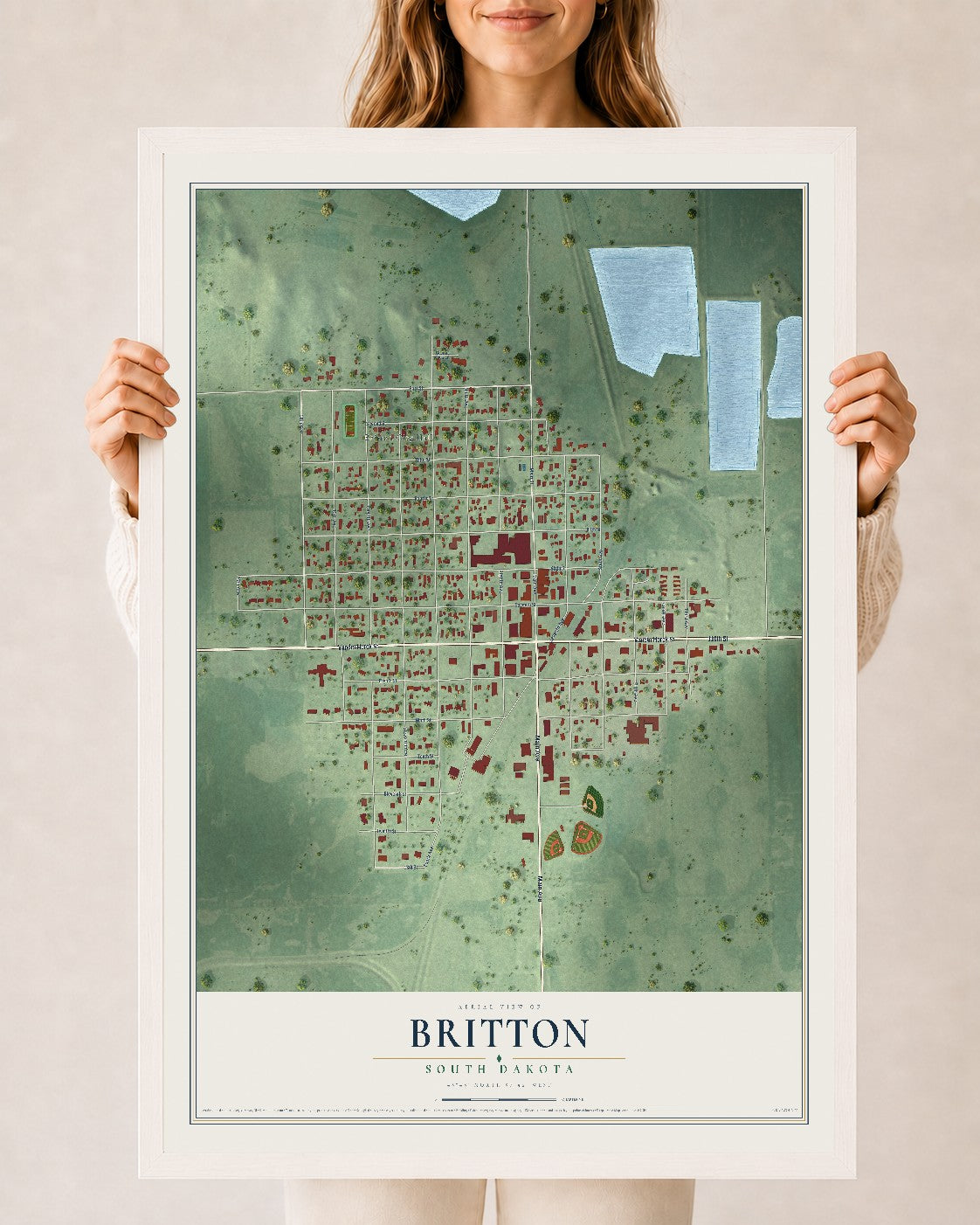 Map of Britton, South Dakota, 24 x 36 inch print in a white wood frame