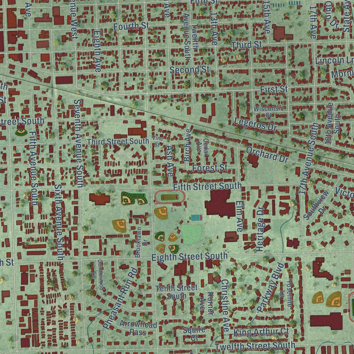 Close-up of the map of Brookings, South Dakota print showing street and building detail