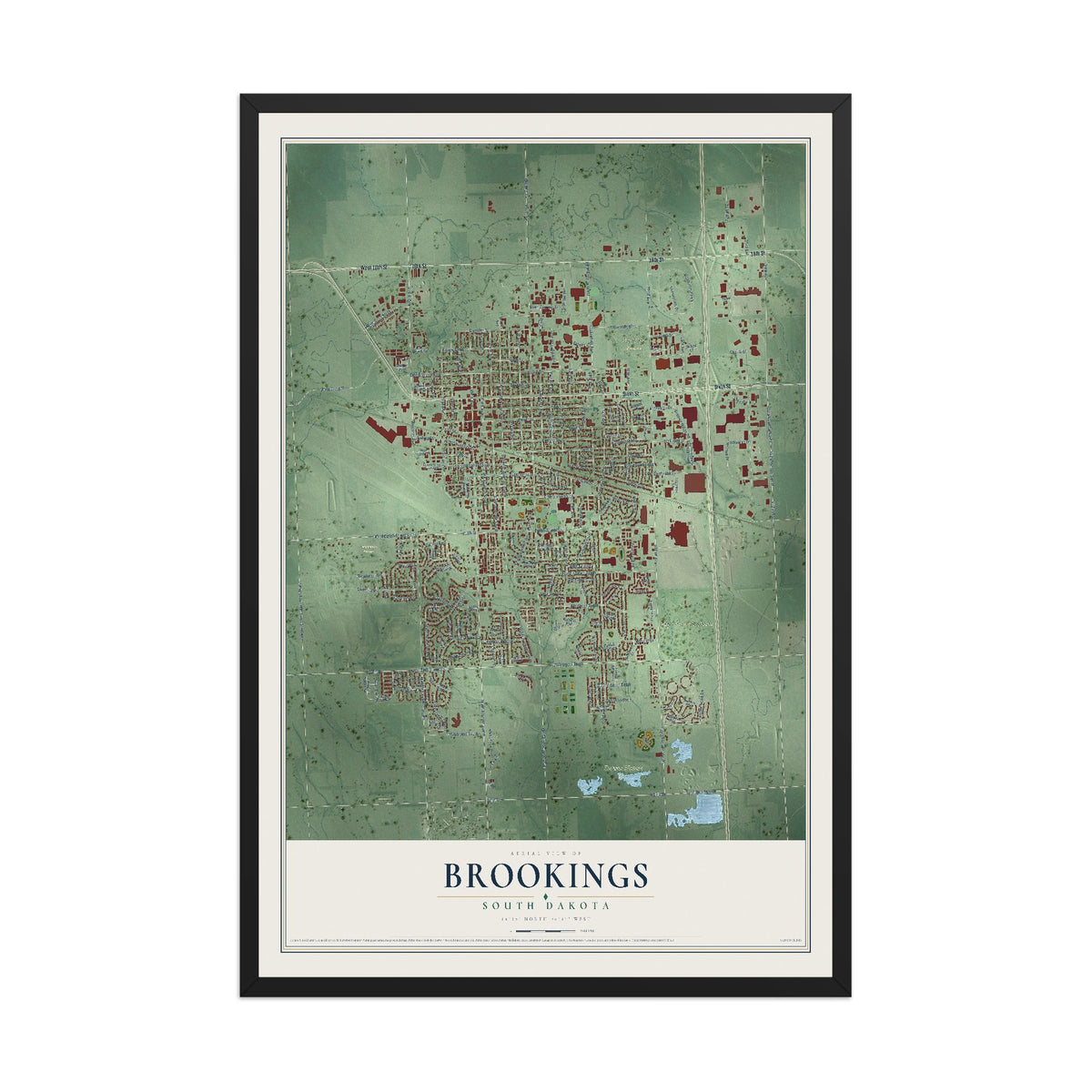 Map of Brookings, South Dakota, 12 x 18 inch print in a black wood frame