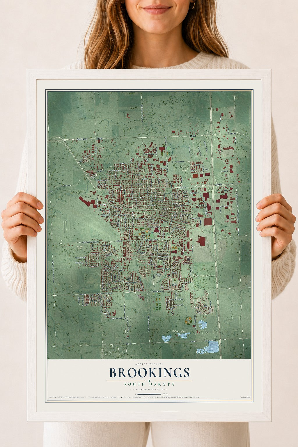 Map of Brookings, South Dakota, 18 x 24 inch print in a white wood frame