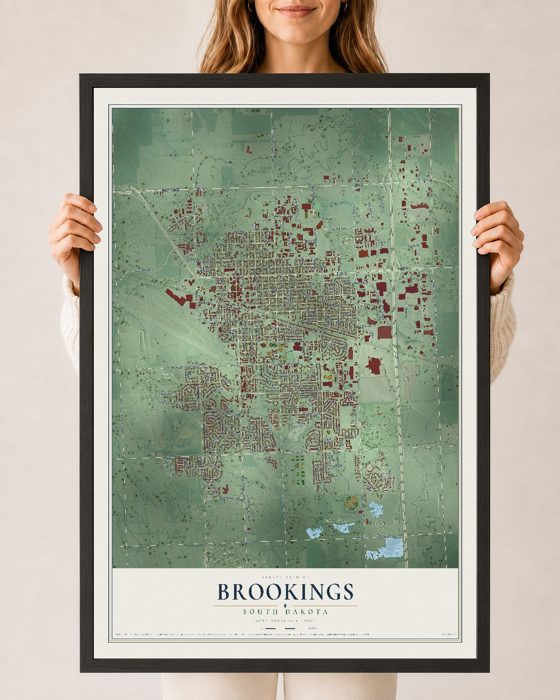 Map of Brookings, South Dakota, 24 x 36 inch print in a black wood frame