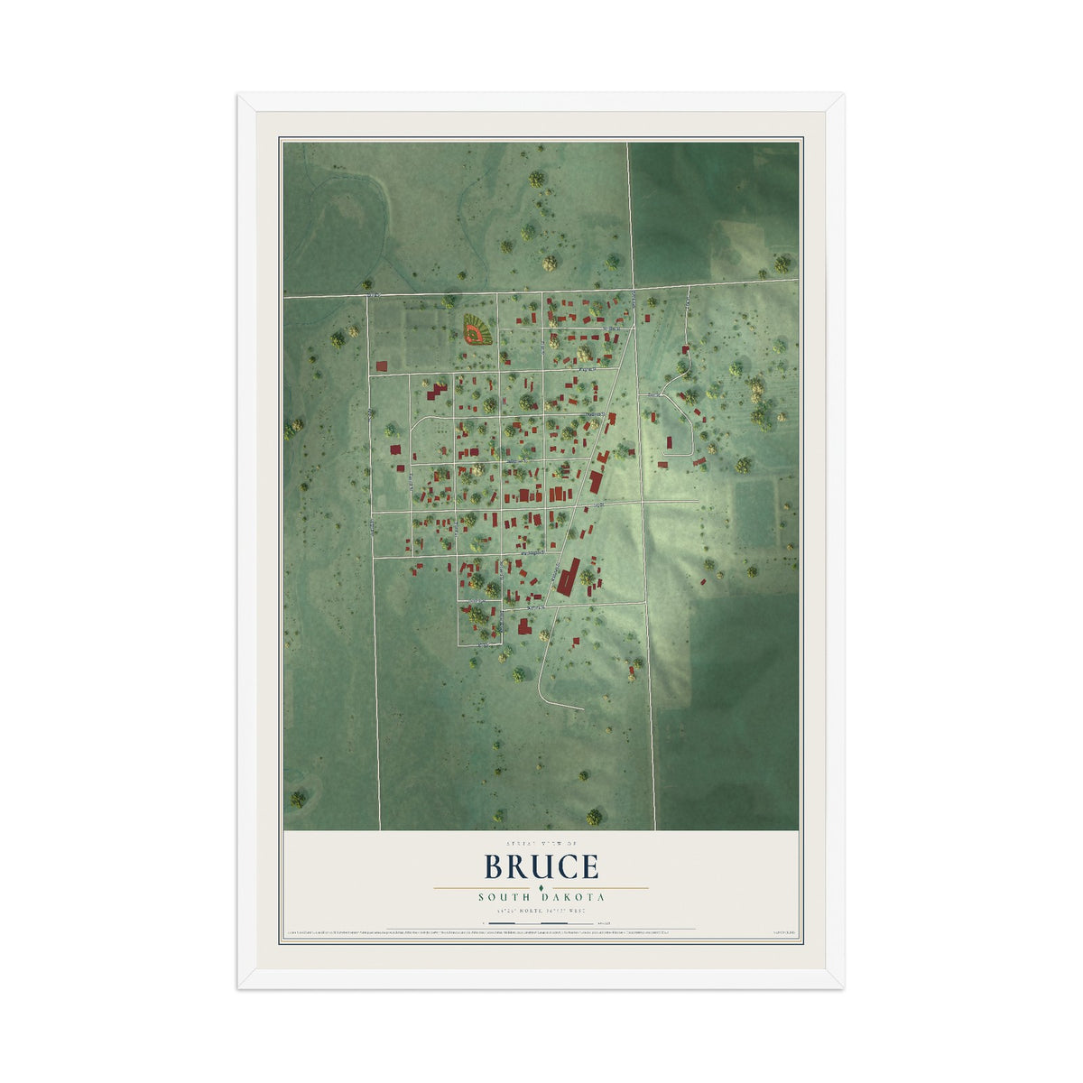 Map of Bruce, South Dakota, 12 x 18 inch print in a white wood frame