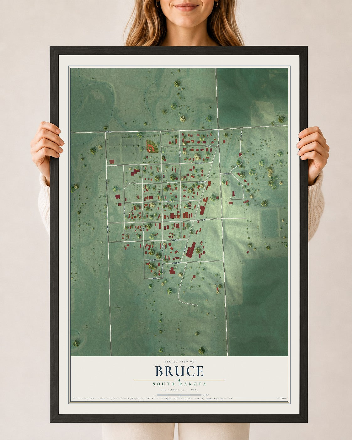 Map of Bruce, South Dakota, 24 x 36 inch print in a black wood frame