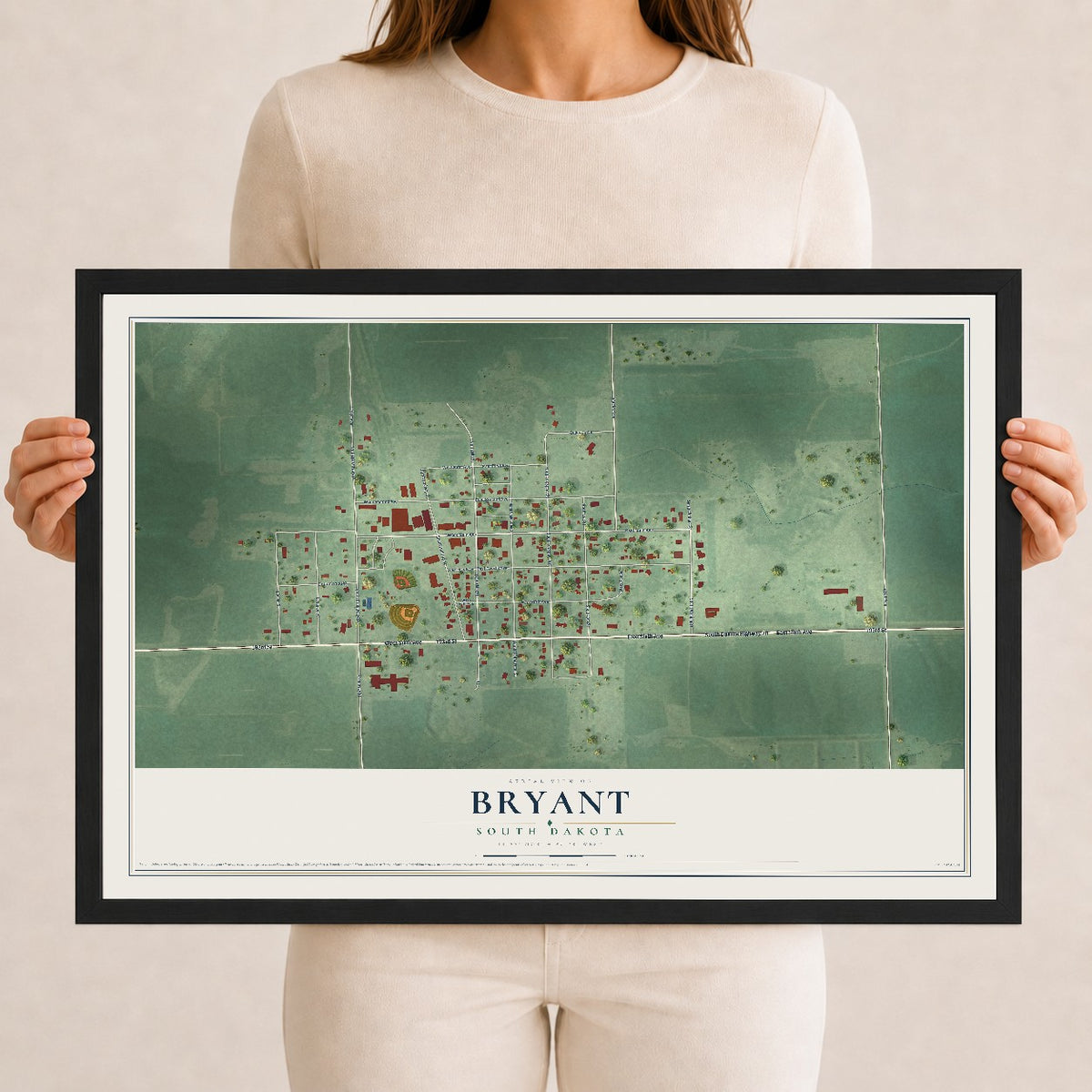 Map of Bryant, South Dakota, 12 x 18 inch print in a black wood frame