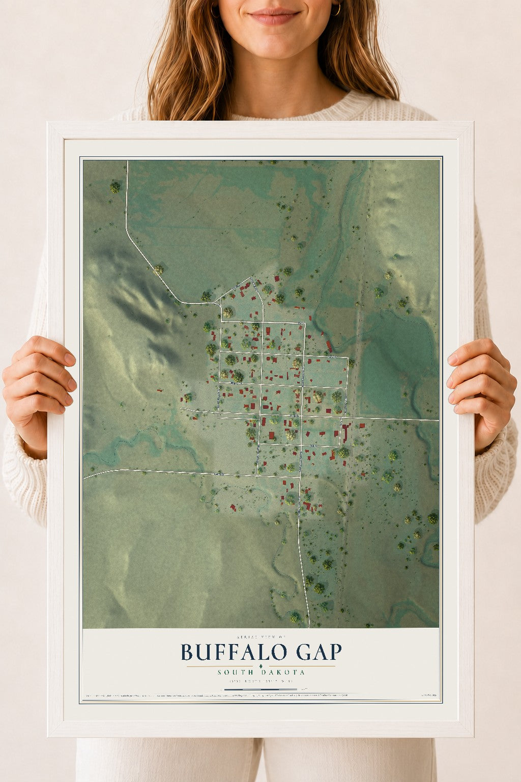 Map of Buffalo Gap, South Dakota, 18 x 24 inch print in a white wood frame
