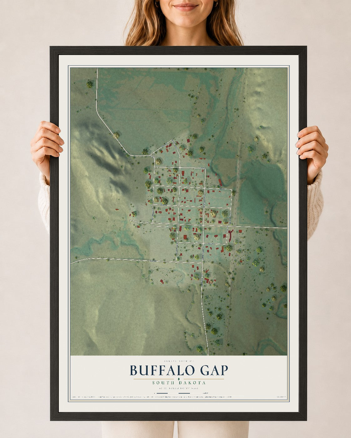 Map of Buffalo Gap, South Dakota, 24 x 36 inch print in a black wood frame