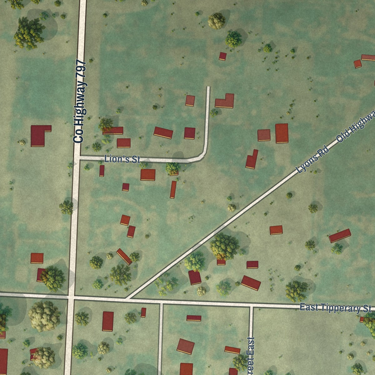 Second close-up of the map of Buffalo, South Dakota print showing more streets and buildings
