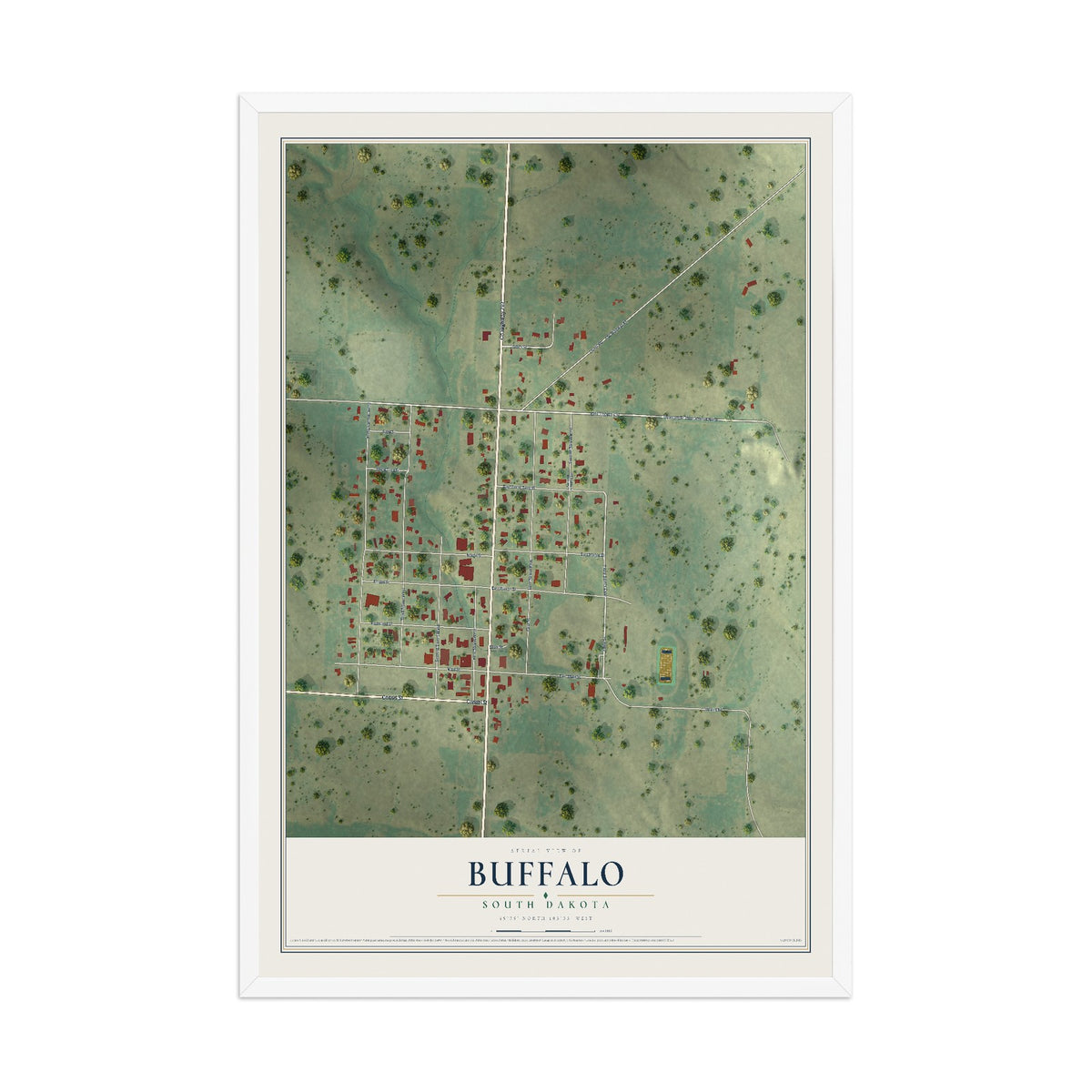 Map of Buffalo, South Dakota, 12 x 18 inch print in a white wood frame
