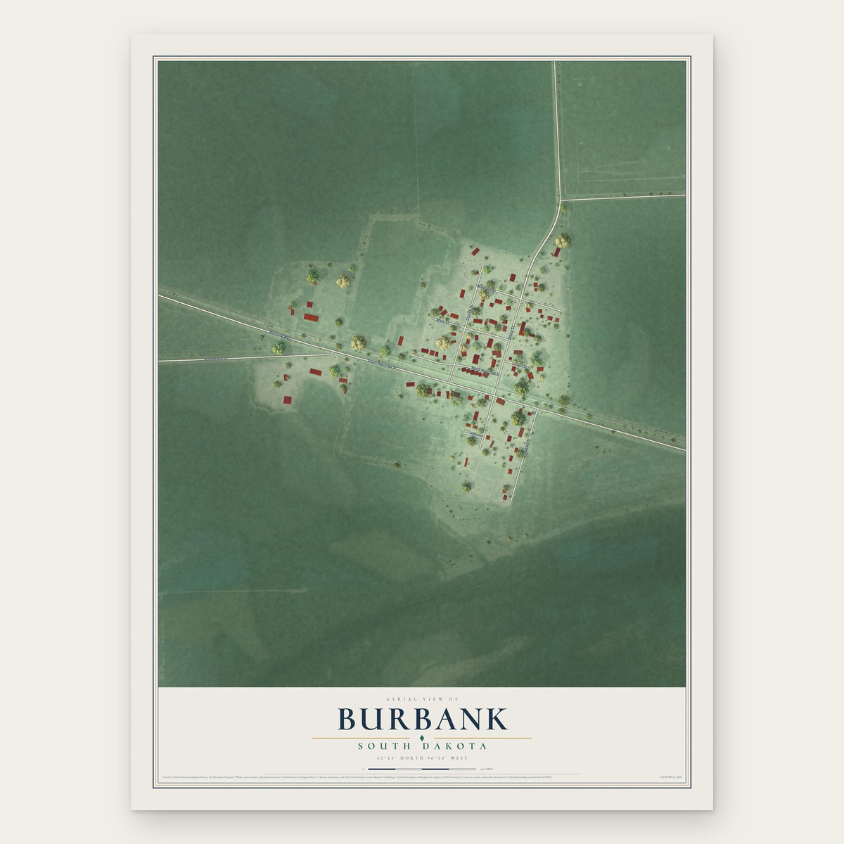 Burbank, South Dakota map print, the full design