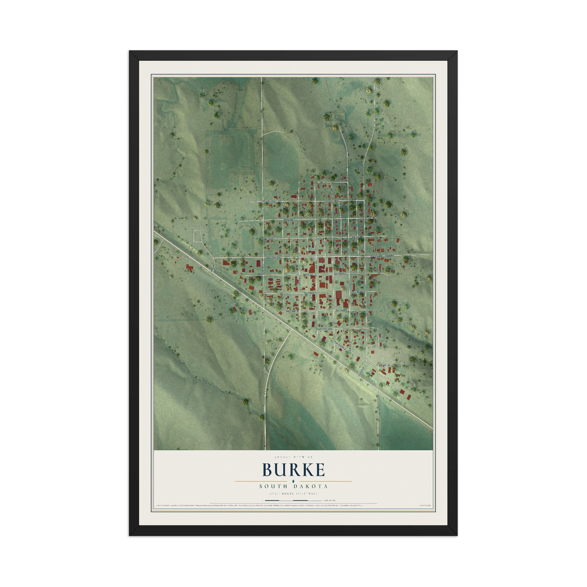 Map of Burke, South Dakota, 12 x 18 inch print in a black wood frame