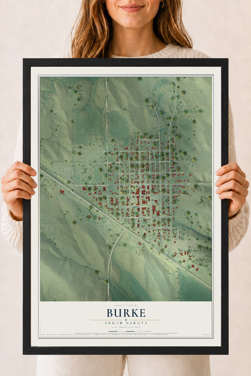 Map of Burke, South Dakota, 18 x 24 inch print in a black wood frame