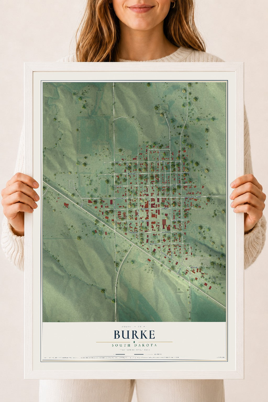 Map of Burke, South Dakota, 18 x 24 inch print in a white wood frame