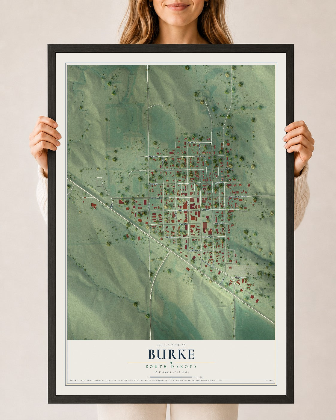 Map of Burke, South Dakota, 24 x 36 inch print in a black wood frame