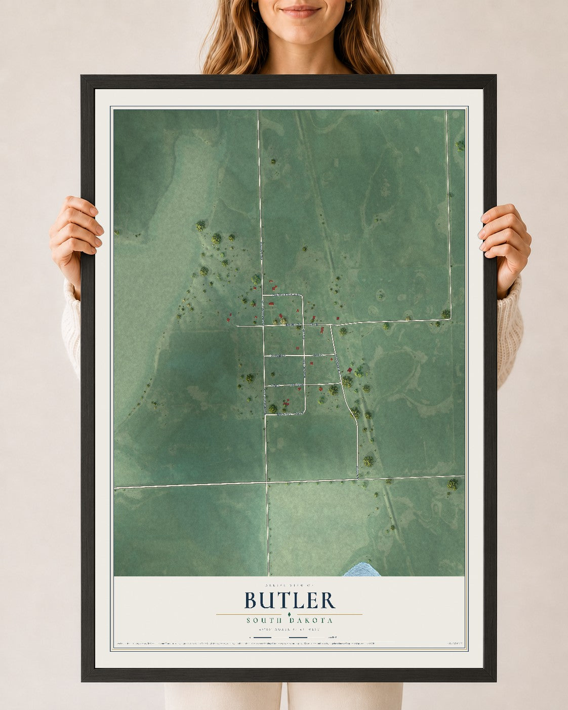 Map of Butler, South Dakota, 24 x 36 inch print in a black wood frame