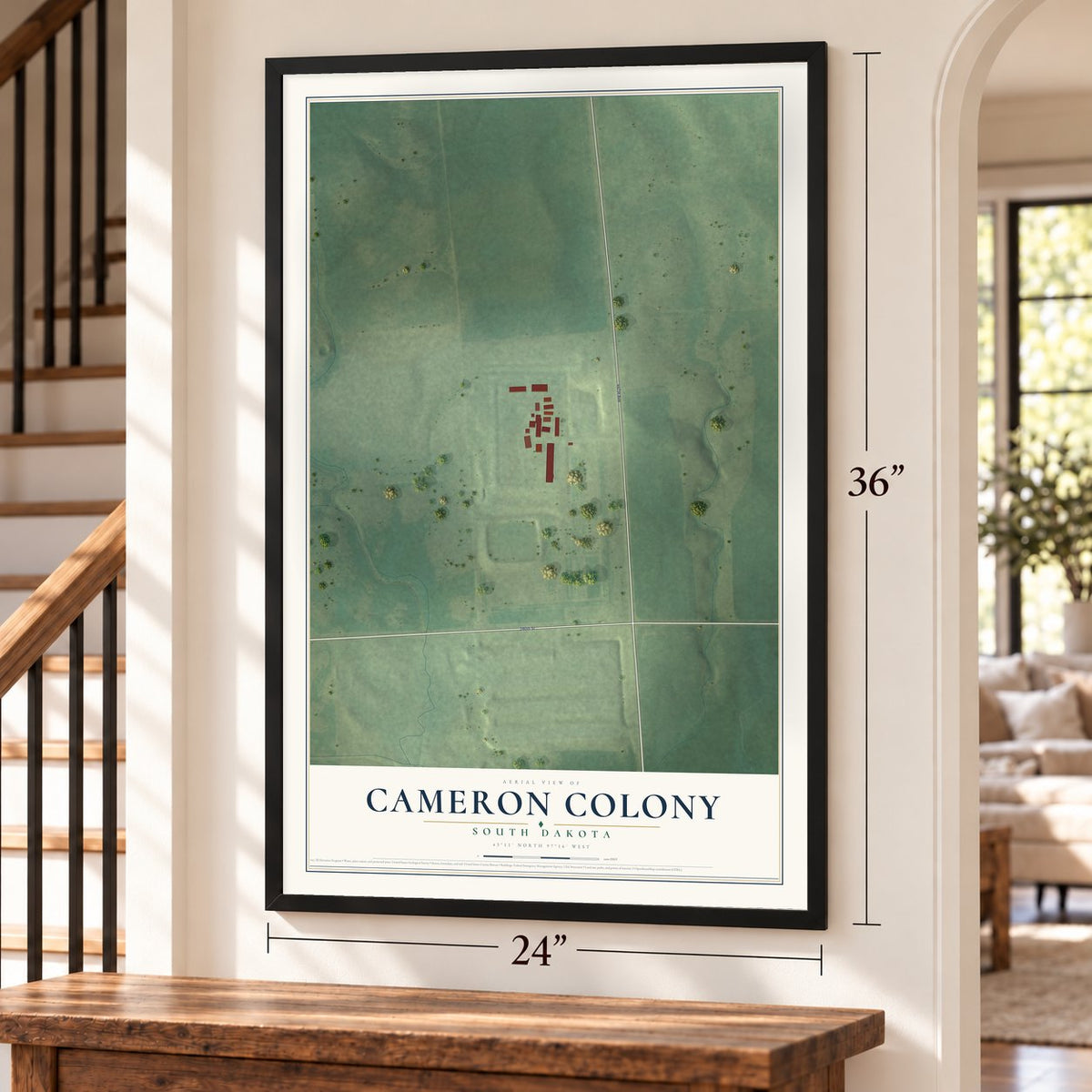 Cameron Colony, South Dakota map, 24 x 36 inch print in a black frame by a staircase