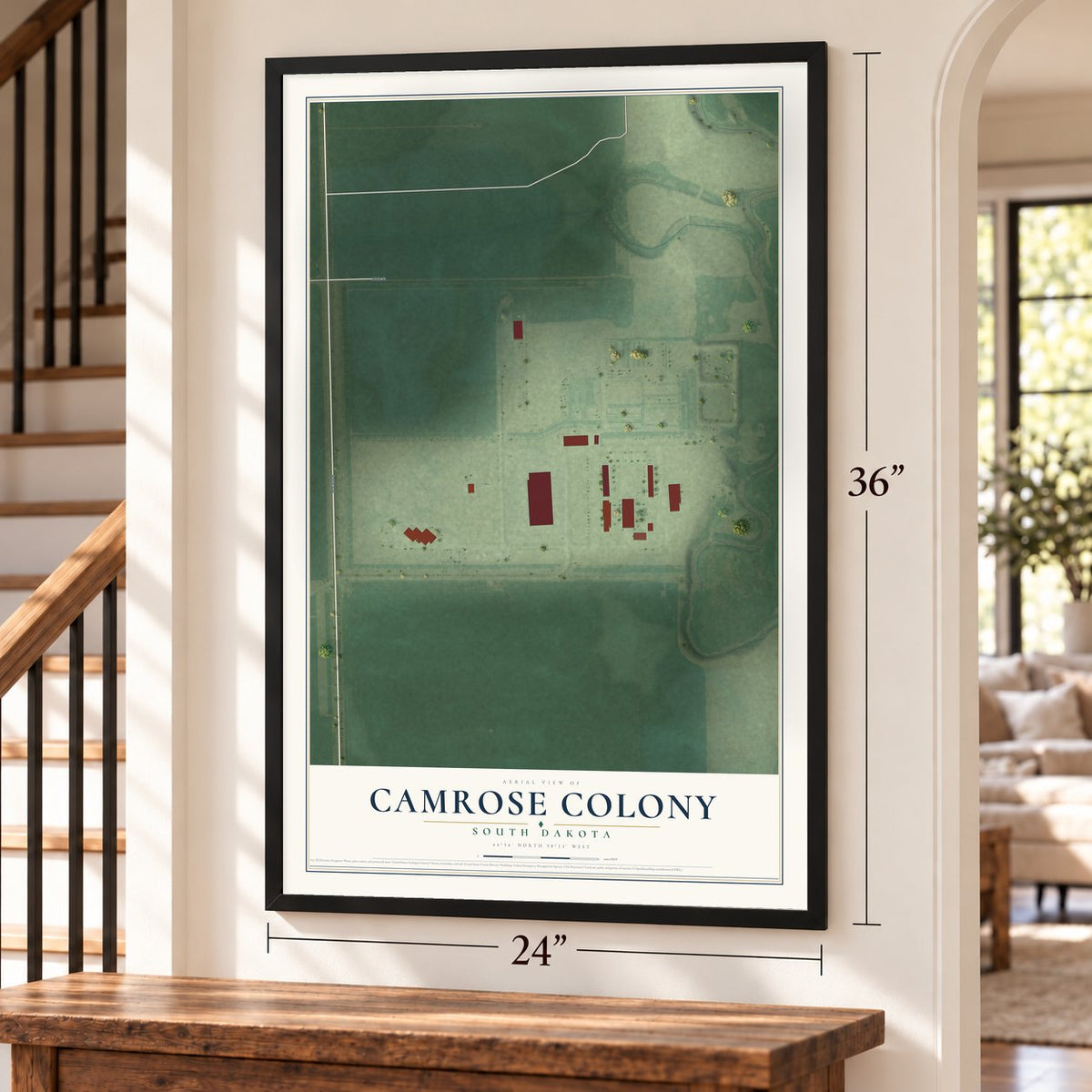 Camrose Colony, South Dakota map, 24 x 36 inch print in a black frame by a staircase