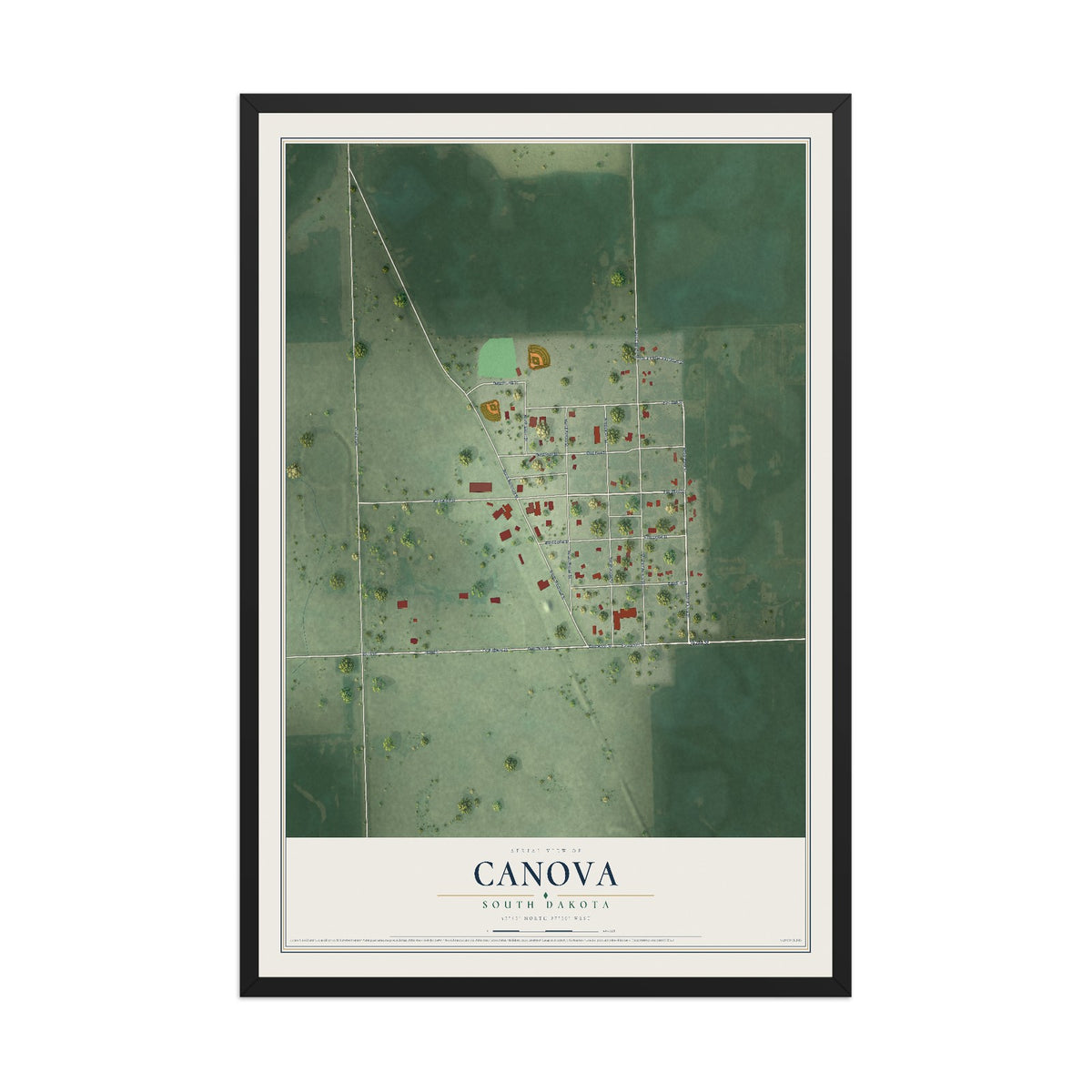 Map of Canova, South Dakota, 12 x 18 inch print in a black wood frame