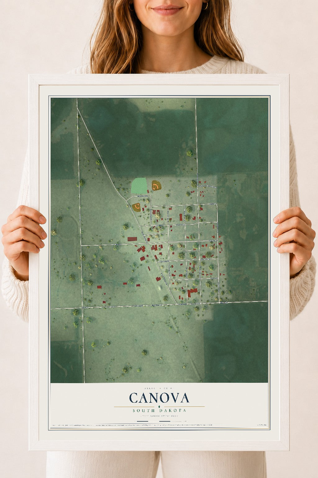 Map of Canova, South Dakota, 18 x 24 inch print in a white wood frame