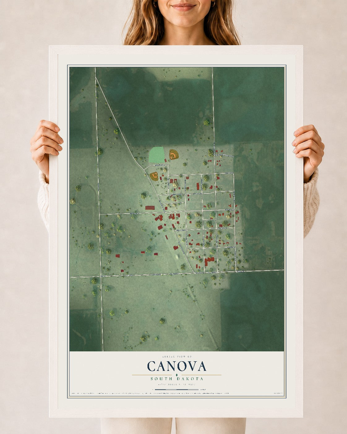 Map of Canova, South Dakota, 24 x 36 inch print in a white wood frame