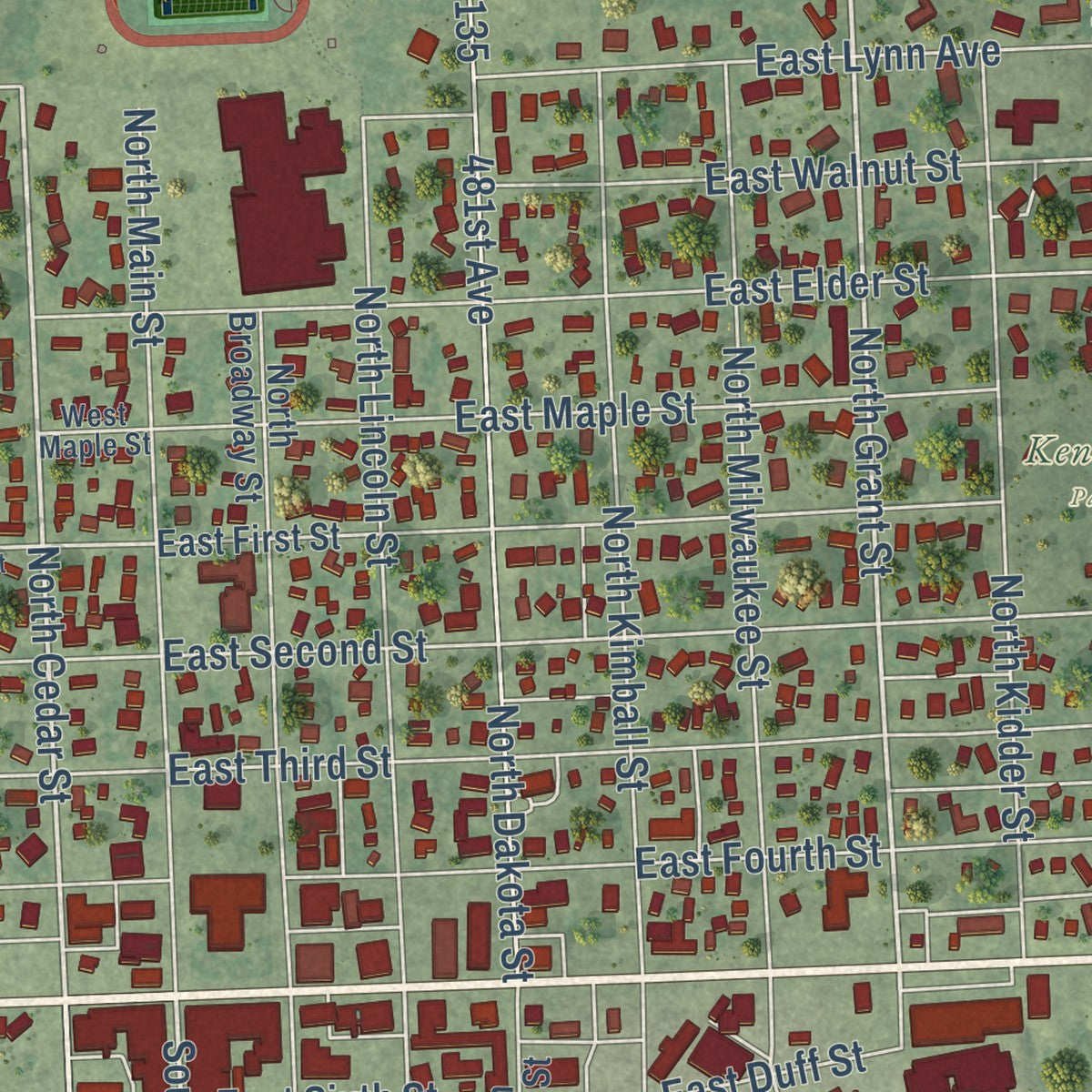 Close-up of the map of Canton, South Dakota print showing street and building detail