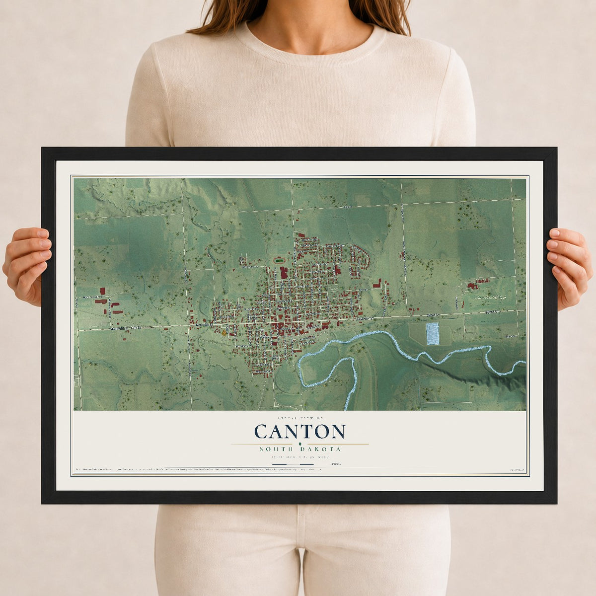 Map of Canton, South Dakota, 12 x 18 inch print in a black wood frame