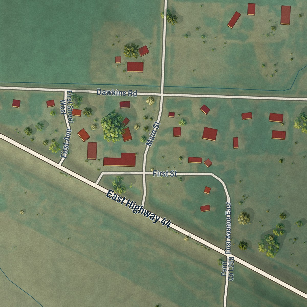 Close-up of the map of Caputa, South Dakota print showing street and building detail