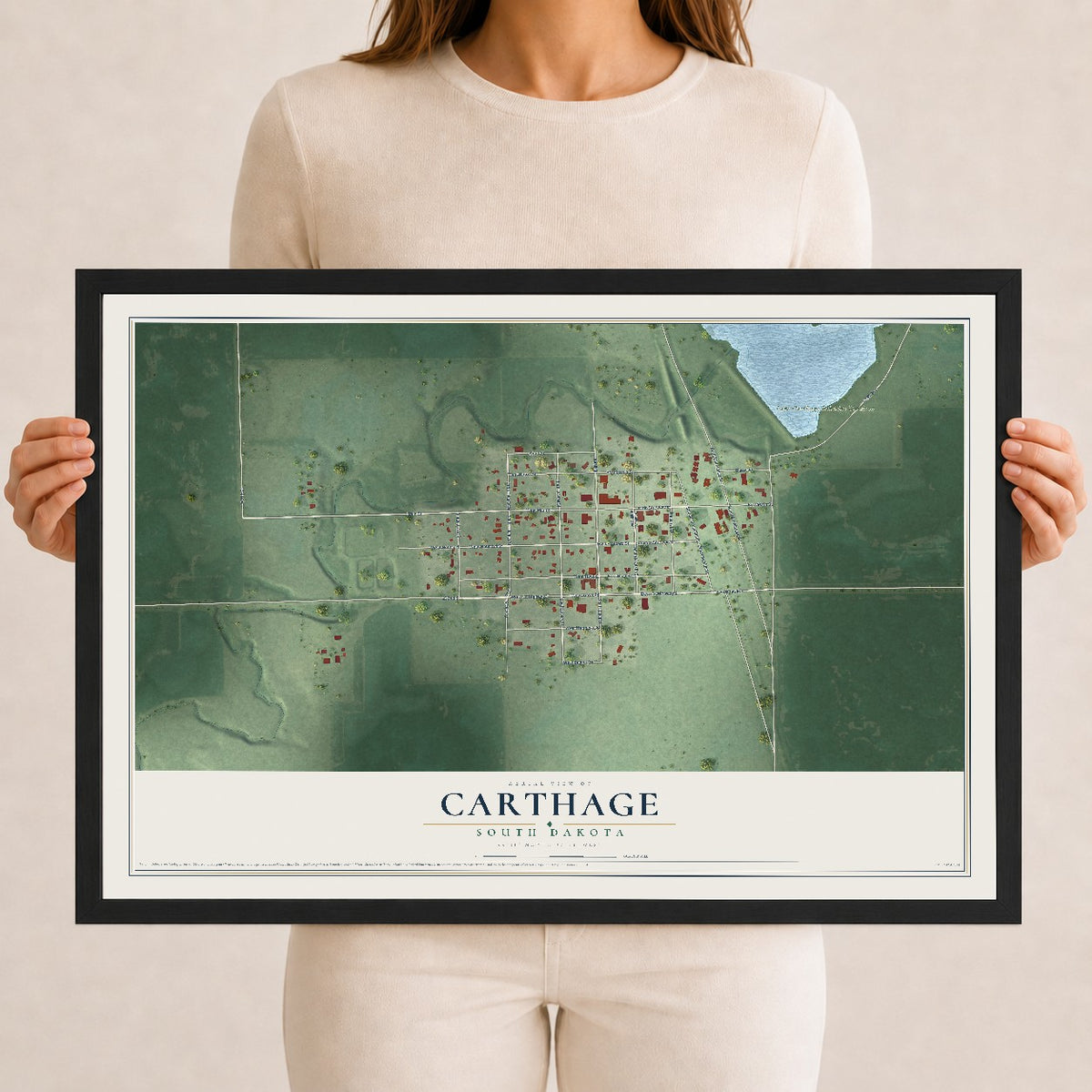 Map of Carthage, South Dakota, 12 x 18 inch print in a black wood frame