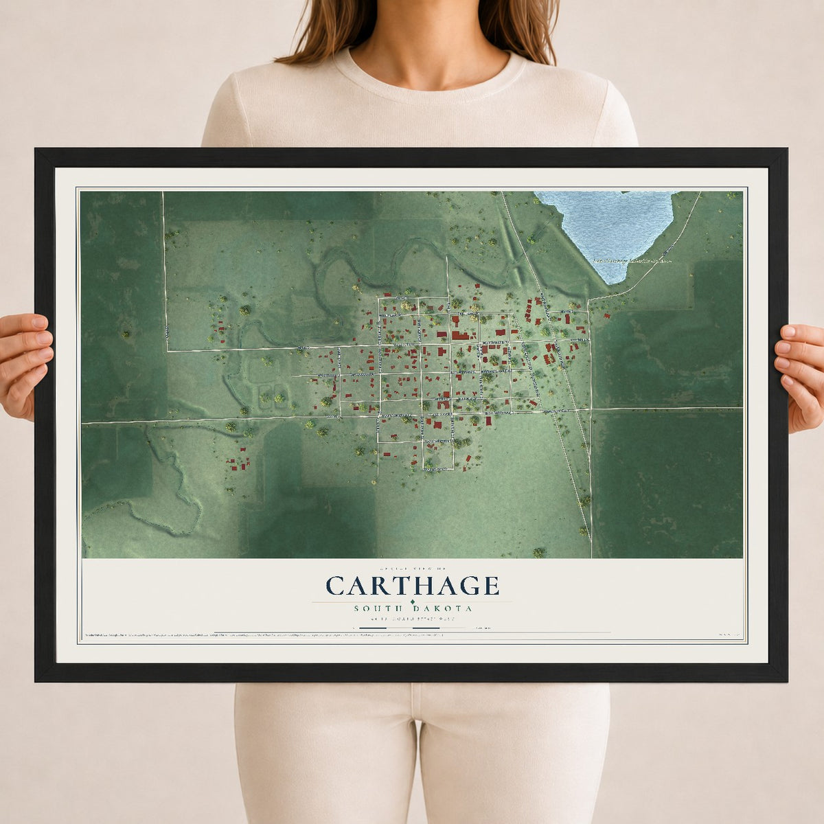 Map of Carthage, South Dakota, 18 x 24 inch print in a black wood frame