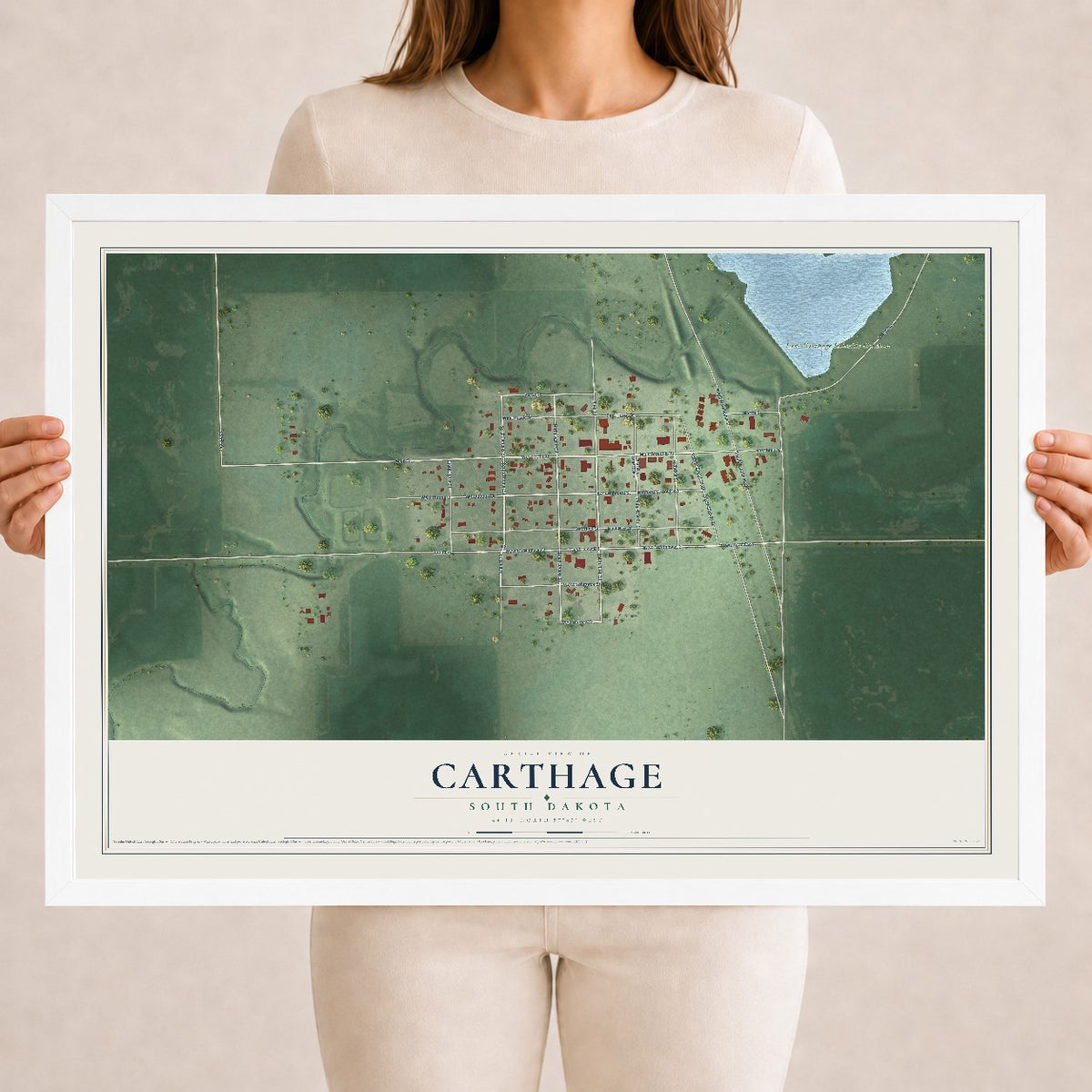 Map of Carthage, South Dakota, 18 x 24 inch print in a white wood frame