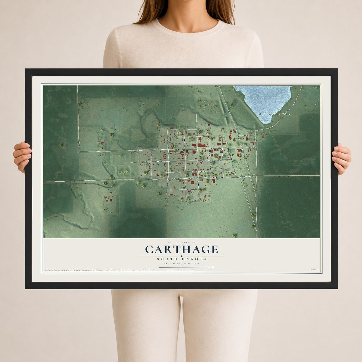 Map of Carthage, South Dakota, 24 x 36 inch print in a black wood frame