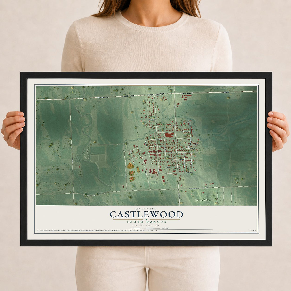 Map of Castlewood, South Dakota, 12 x 18 inch print in a black wood frame