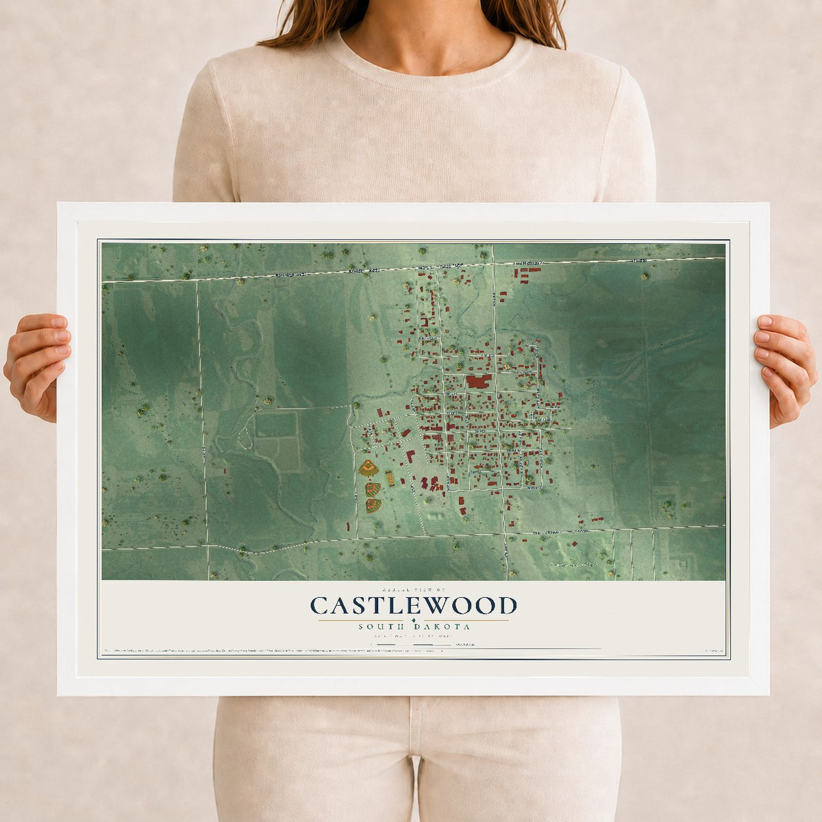 Map of Castlewood, South Dakota, 12 x 18 inch print in a white wood frame