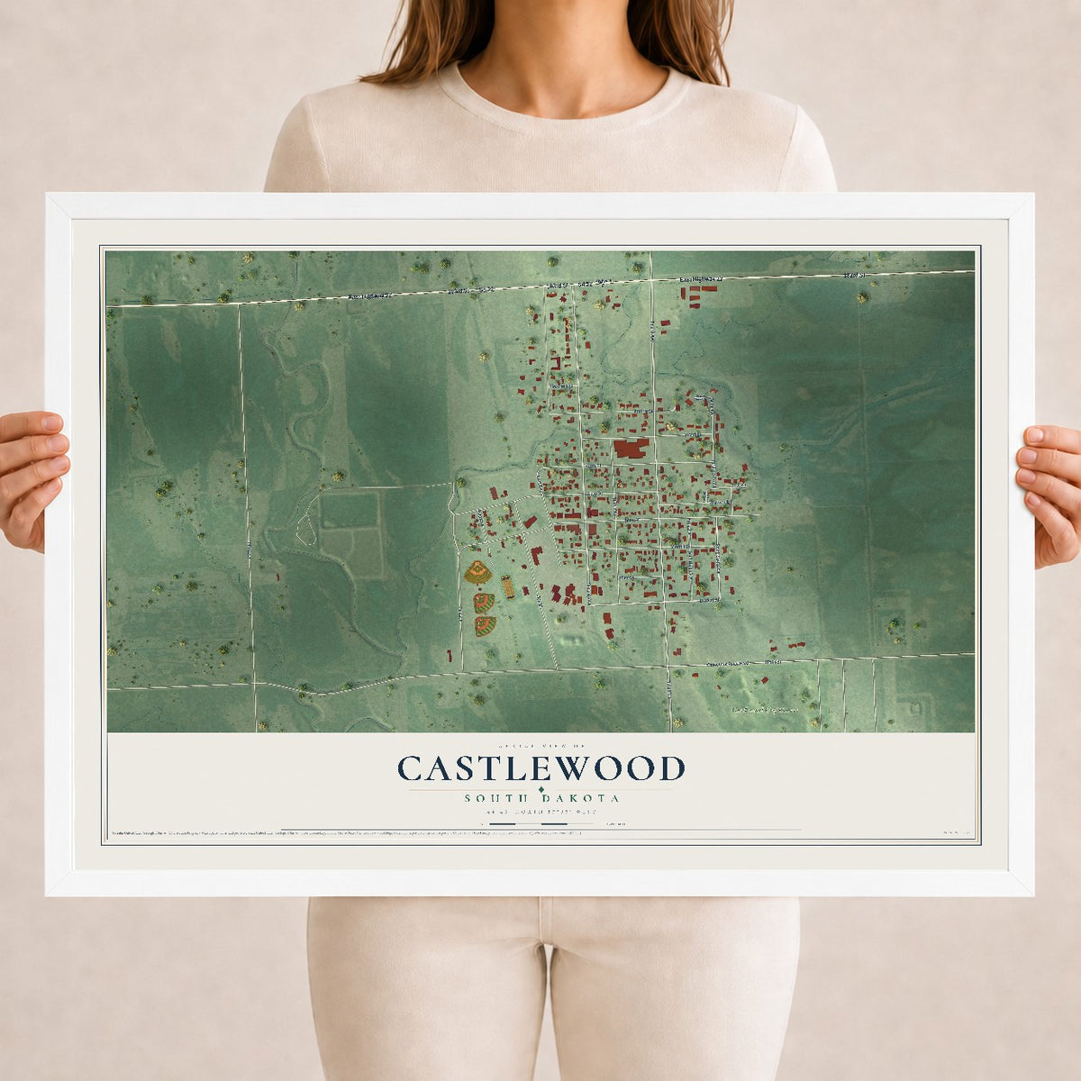 Map of Castlewood, South Dakota, 18 x 24 inch print in a white wood frame