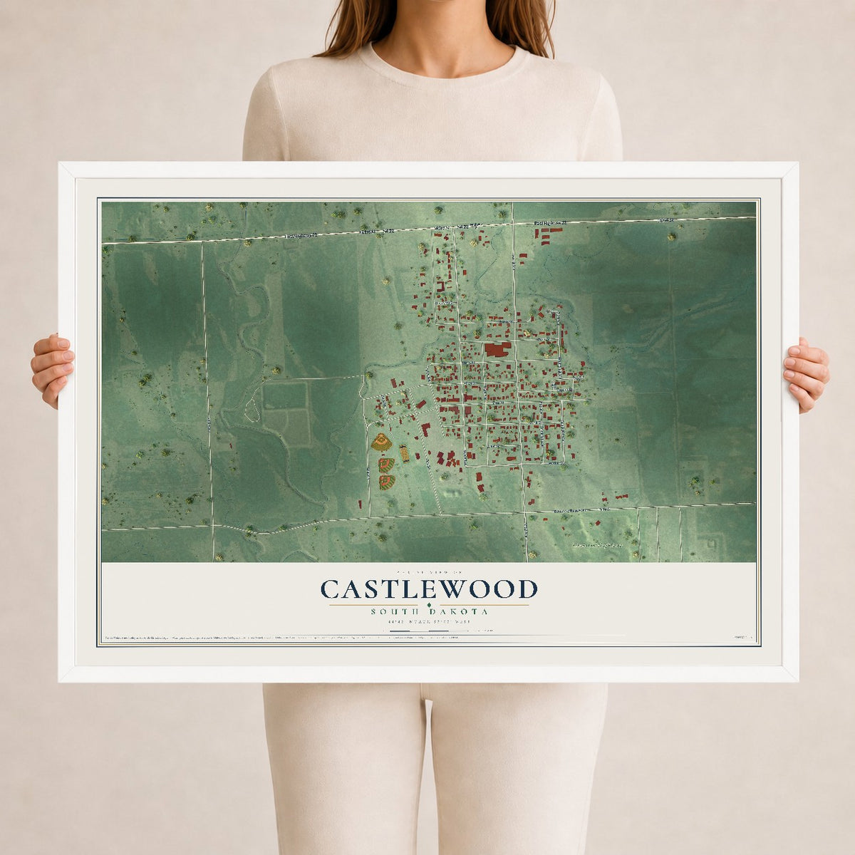 Map of Castlewood, South Dakota, 24 x 36 inch print in a white wood frame
