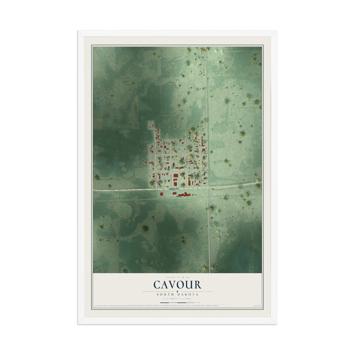 Map of Cavour, South Dakota, 12 x 18 inch print in a white wood frame