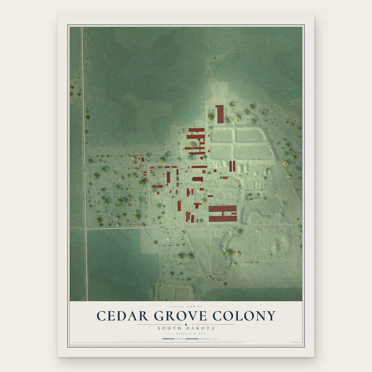 Cedar Grove Colony, South Dakota map print, the full design