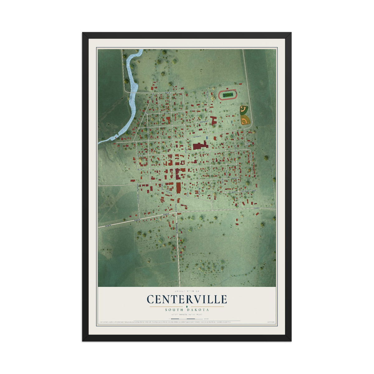 Map of Centerville, South Dakota, 12 x 18 inch print in a black wood frame
