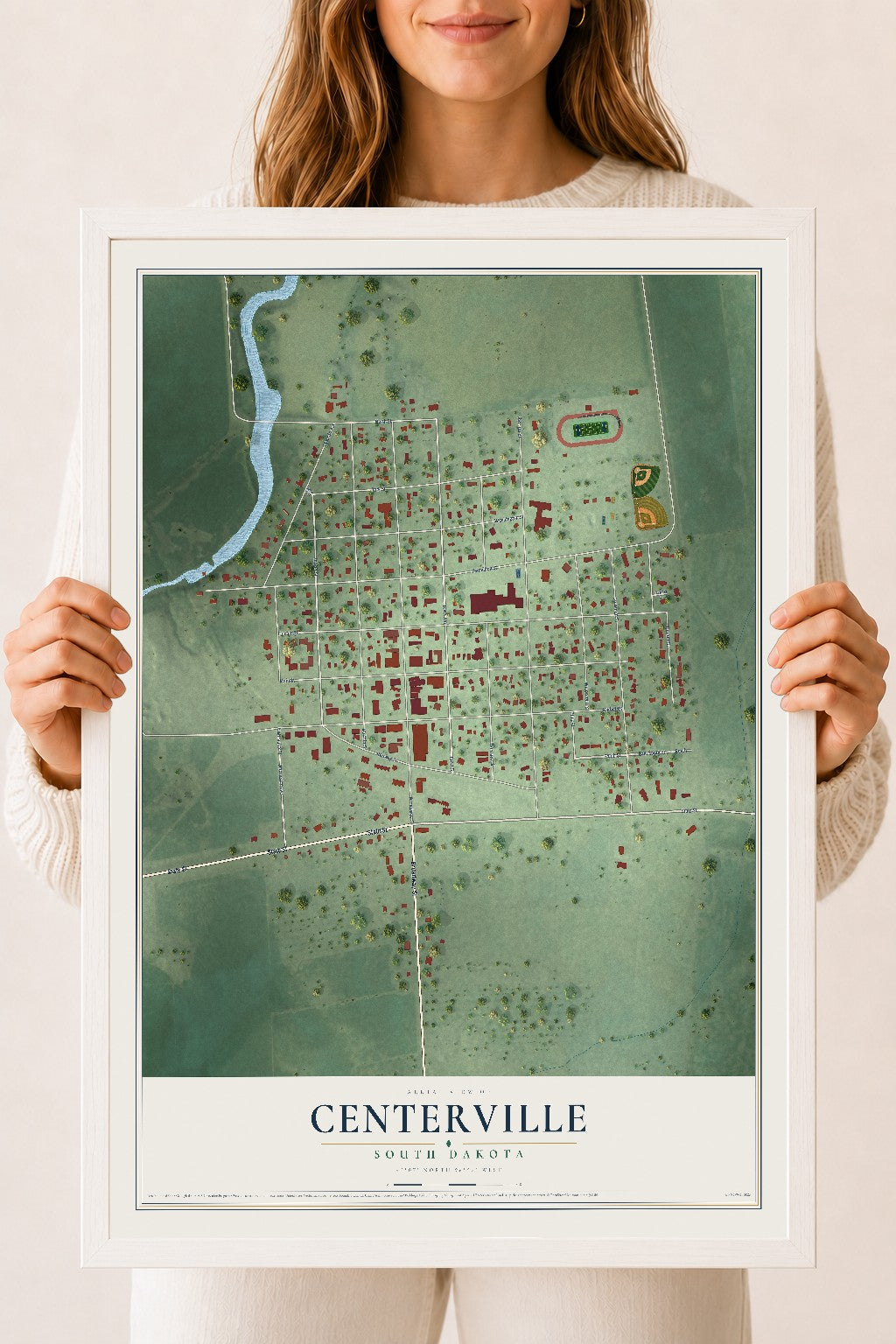 Map of Centerville, South Dakota, 18 x 24 inch print in a white wood frame