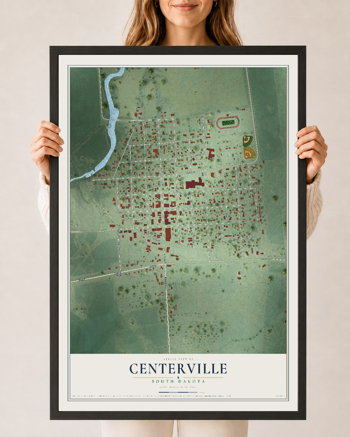Map of Centerville, South Dakota, 24 x 36 inch print in a black wood frame