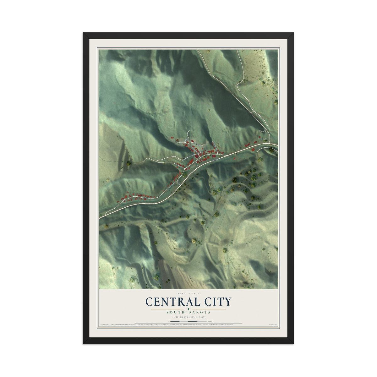 Map of Central City, South Dakota, 12 x 18 inch print in a black wood frame