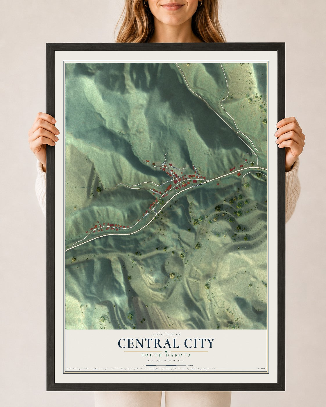 Map of Central City, South Dakota, 24 x 36 inch print in a black wood frame