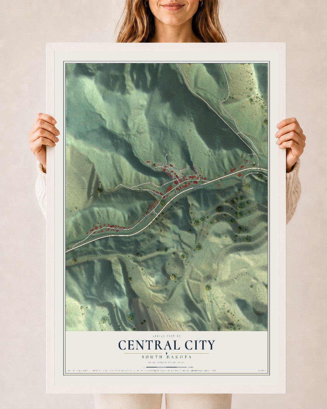 Map of Central City, South Dakota, 24 x 36 inch print in a white wood frame