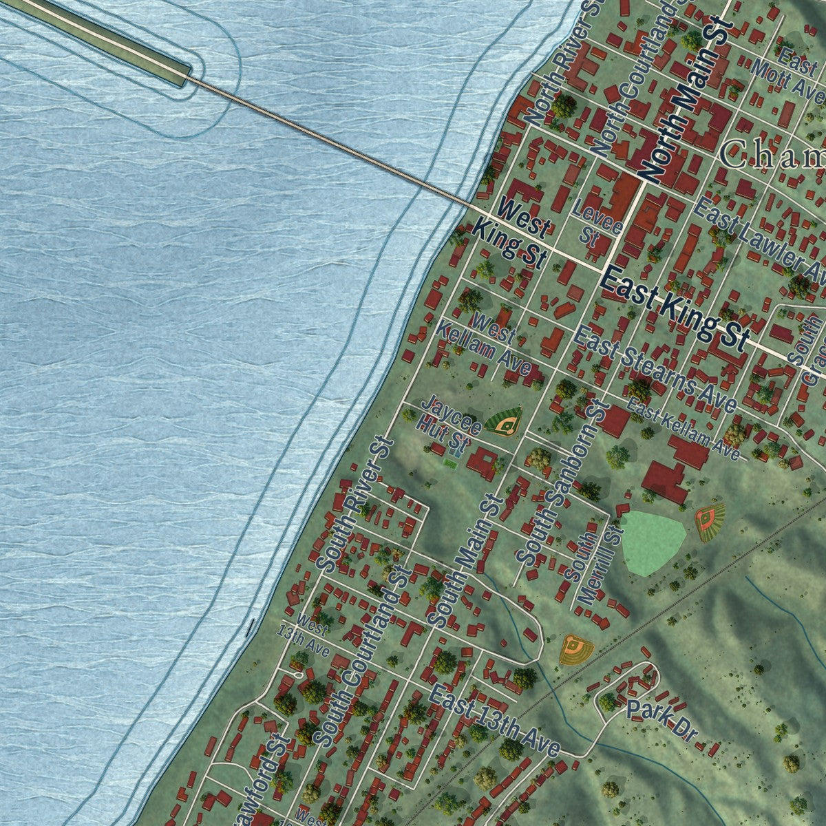 Second close-up of the map of Chamberlain, South Dakota print showing more streets and buildings