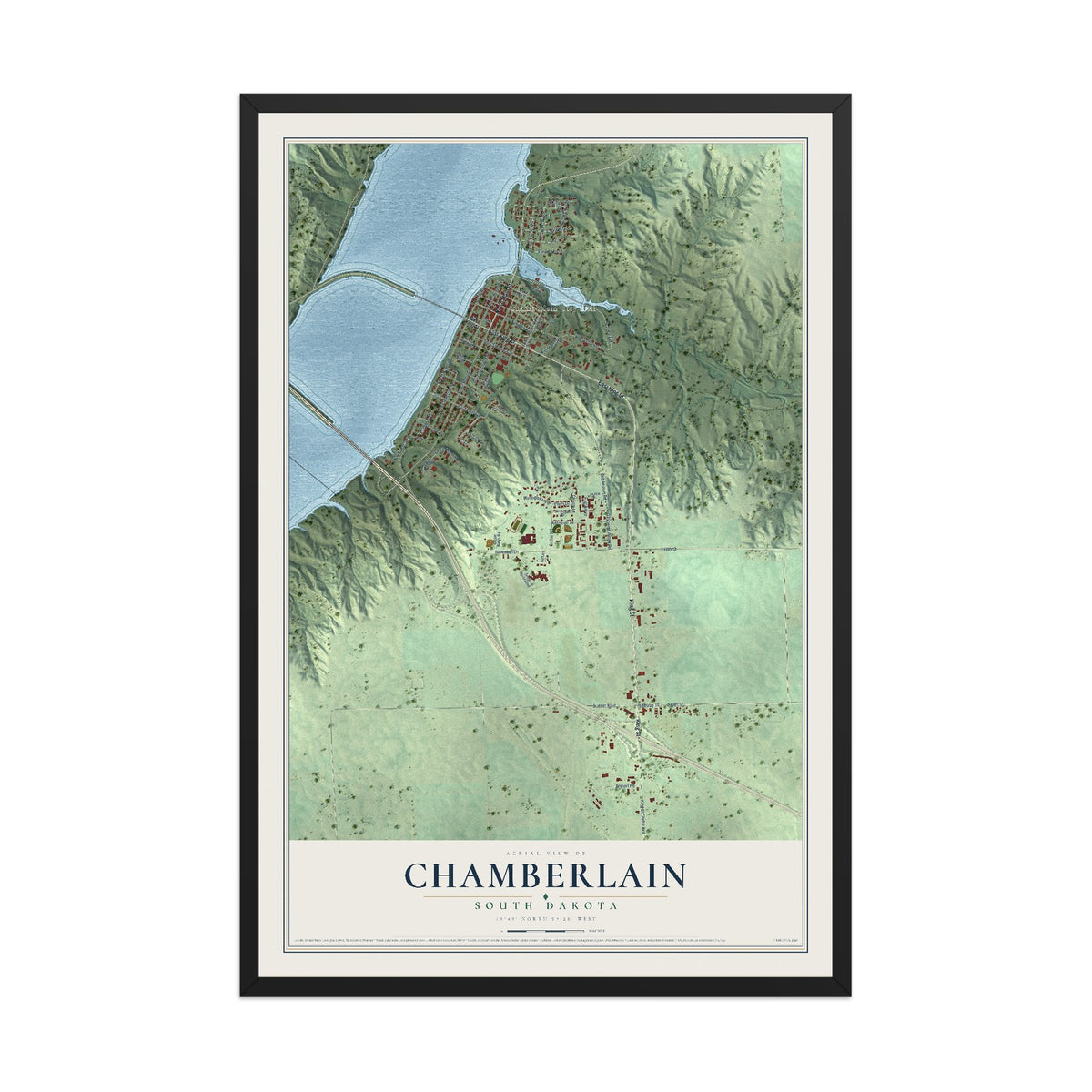 Map of Chamberlain, South Dakota, 12 x 18 inch print in a black wood frame