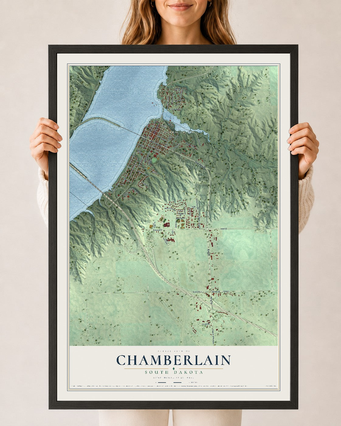 Map of Chamberlain, South Dakota, 24 x 36 inch print in a black wood frame