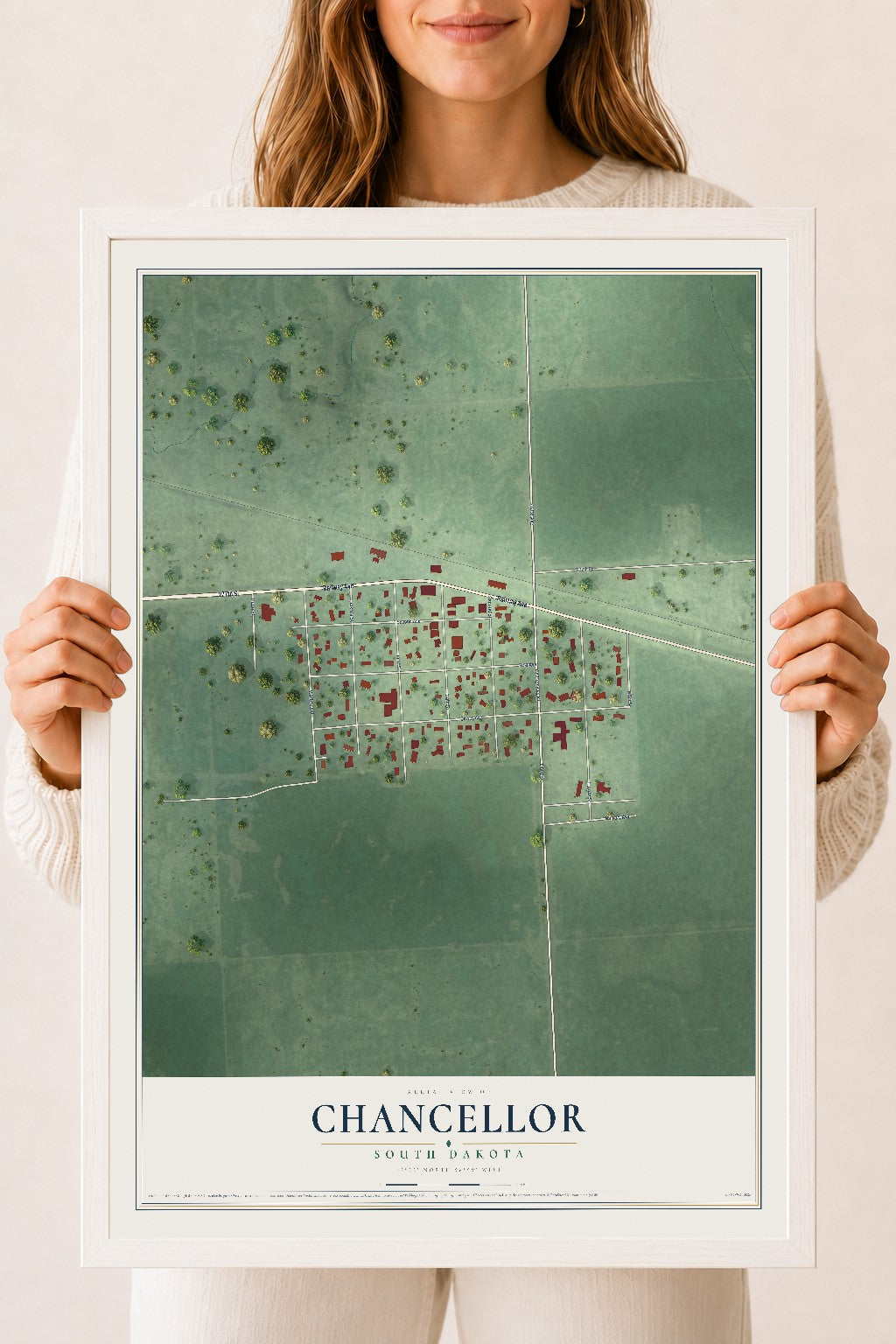 Map of Chancellor, South Dakota, 18 x 24 inch print in a white wood frame